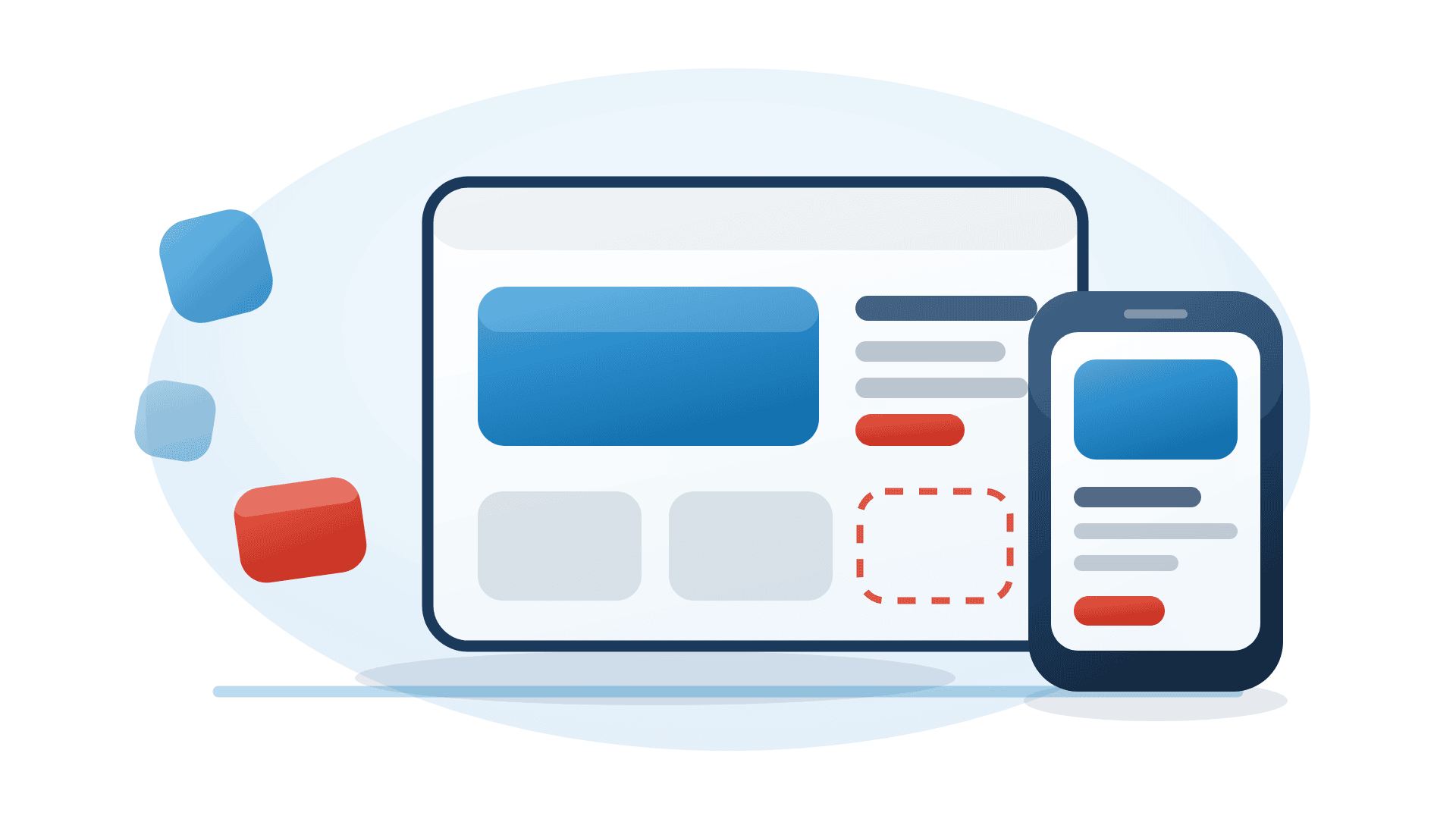Illustration sur le thème de la création de site web avec un écran d'ordinateur et un écran de smartphone sur lesquels s'organise la structure d'un site web