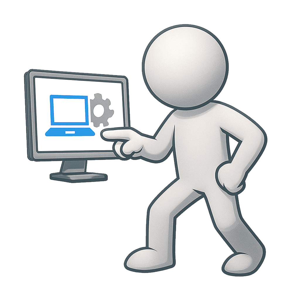 Bonhomme montrant un écran d'ordinateur avec une page de maintenance informatique
